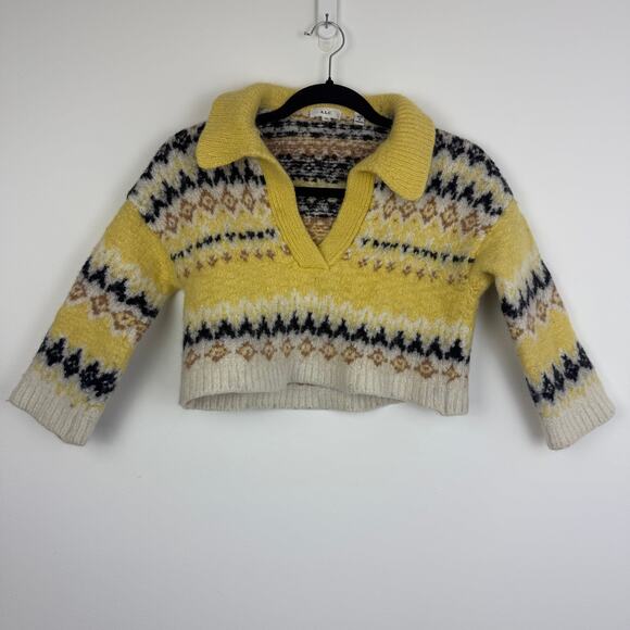 A.L.C. Womens Landry Fair Isle Nordic 100% Merino Wool Yellow Sweater XS READ - Picture 1 of 12